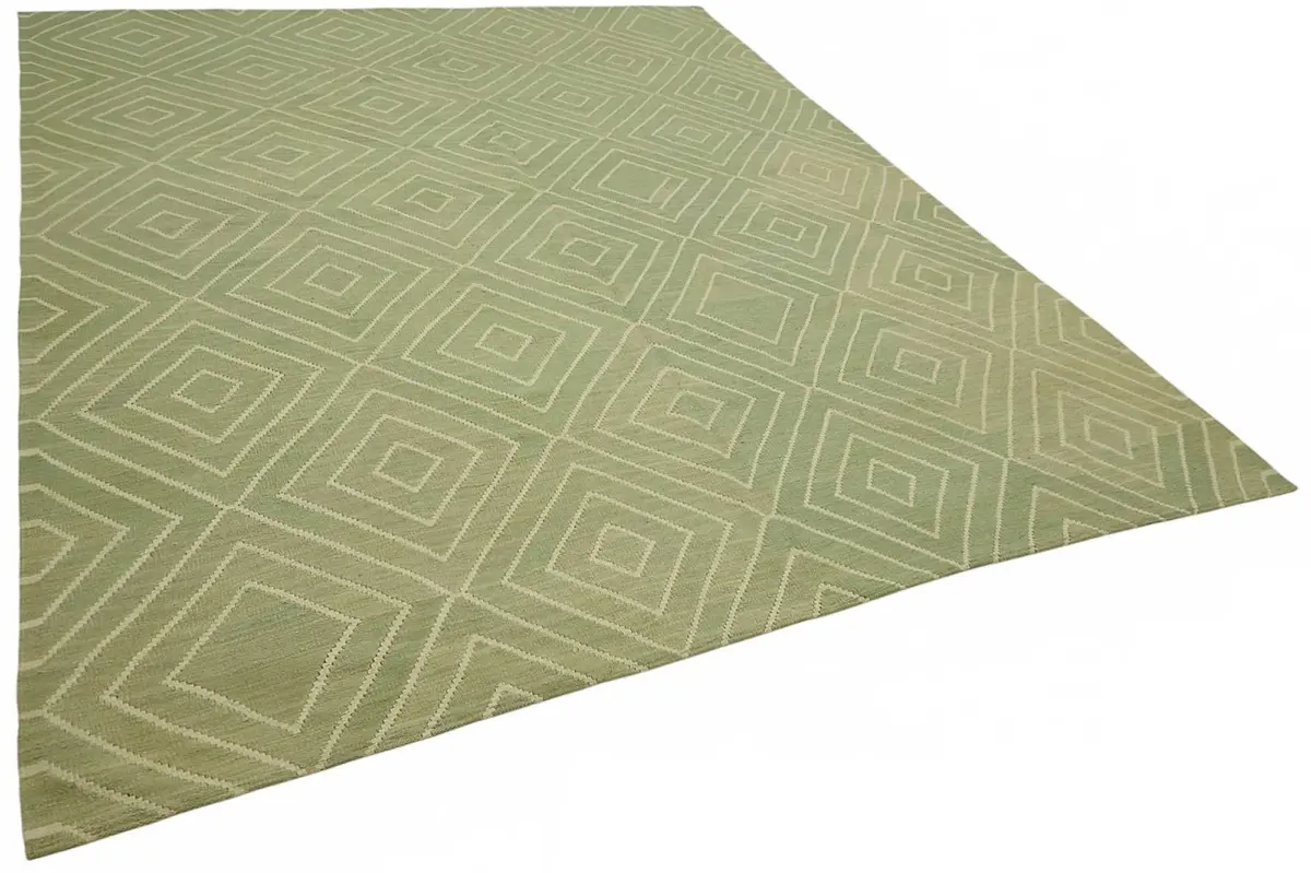 Söküntü Yeşil Geometrik Yün El Dokuma Kilim-274x336 - Görsel 2