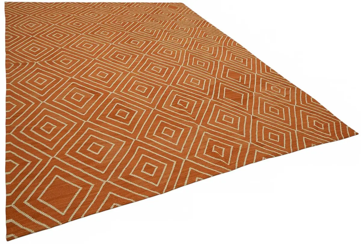 Söküntü Turuncu Geometrik Yün El Dokuma Kilim-265x350 - Görsel 2