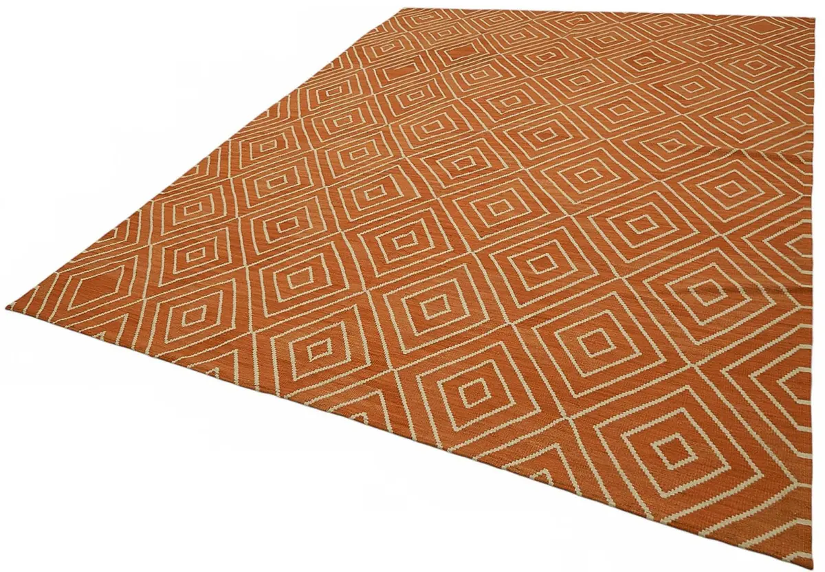Söküntü Turuncu Geometrik Yün El Dokuma Kilim-265x350 - Görsel 3