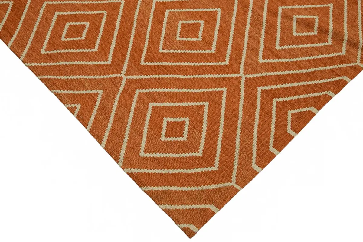 Söküntü Turuncu Geometrik Yün El Dokuma Kilim-265x350 - Görsel 4