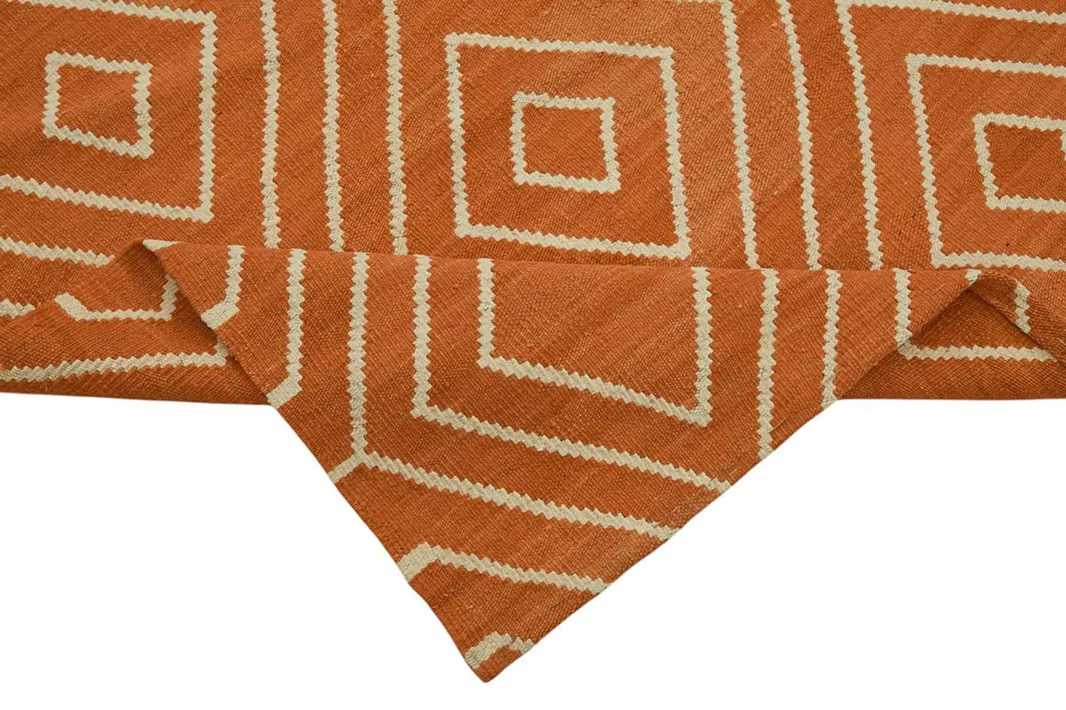 Söküntü Turuncu Geometrik Yün El Dokuma Kilim-265x350 - Görsel 6