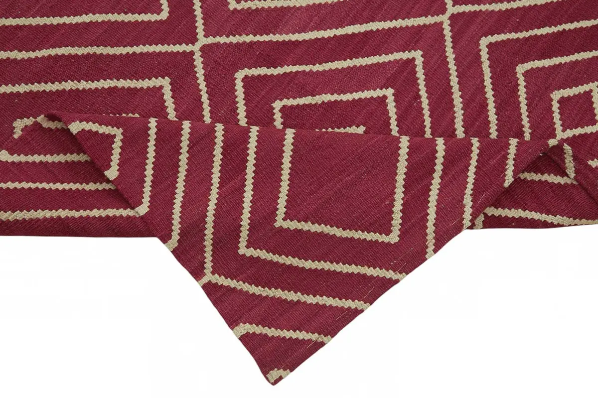 Söküntü Kırmızı Geometrik Yün El Dokuma Kilim-270x350 - Görsel 6