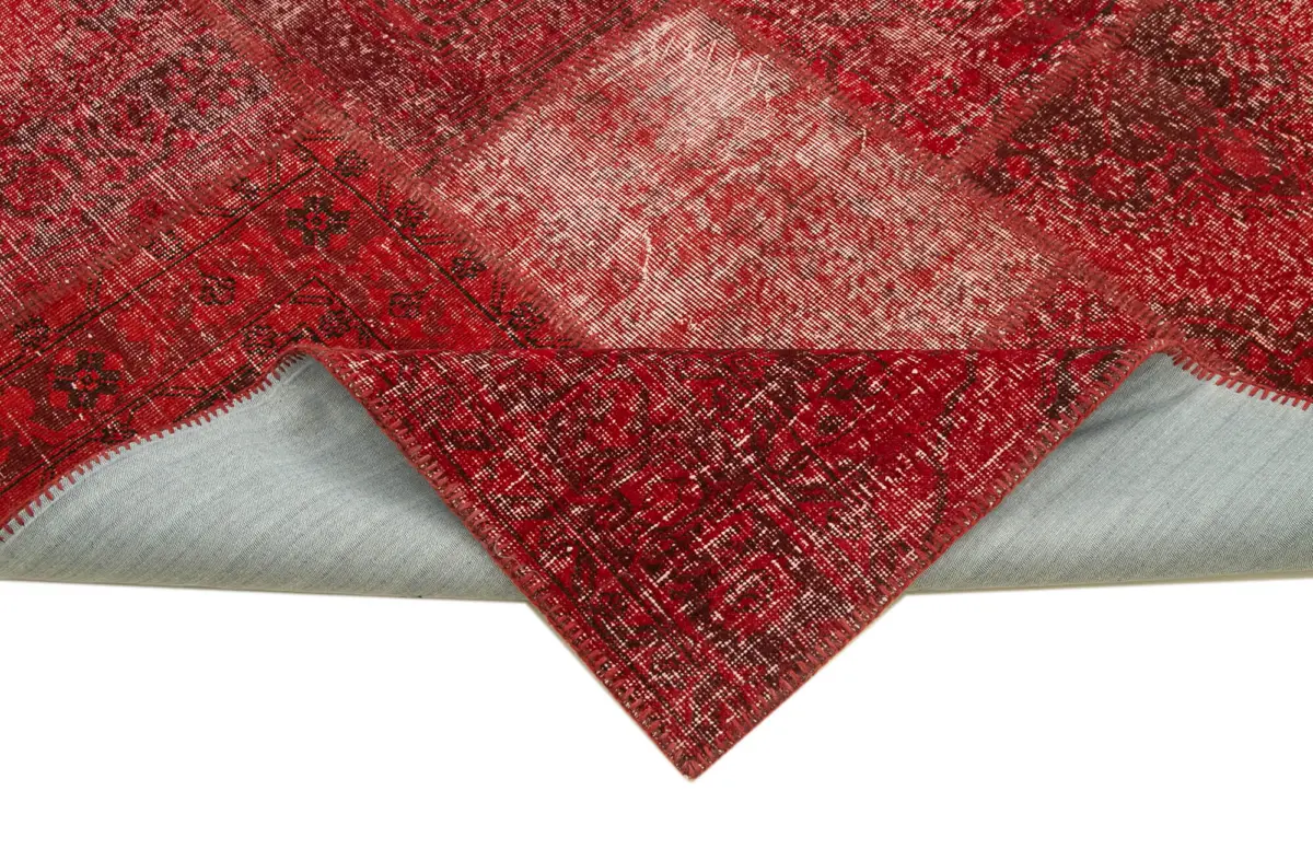 Patchwork Kırmızı Pamuk Üzerine Yün El Dokuma Kilim-250x350 - Görsel 6