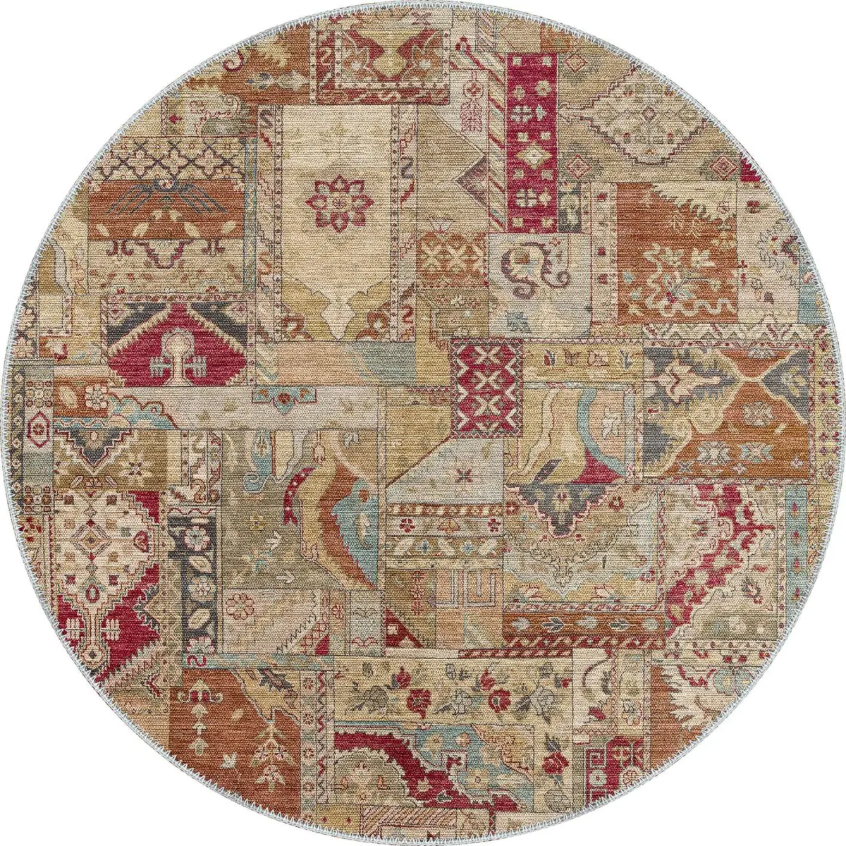 Salamanca Patchwork Bej Polyester ve Pamuklu Yıkanabilir Kaydırmaz Taban Dijital Baskı Halı - Görsel 7