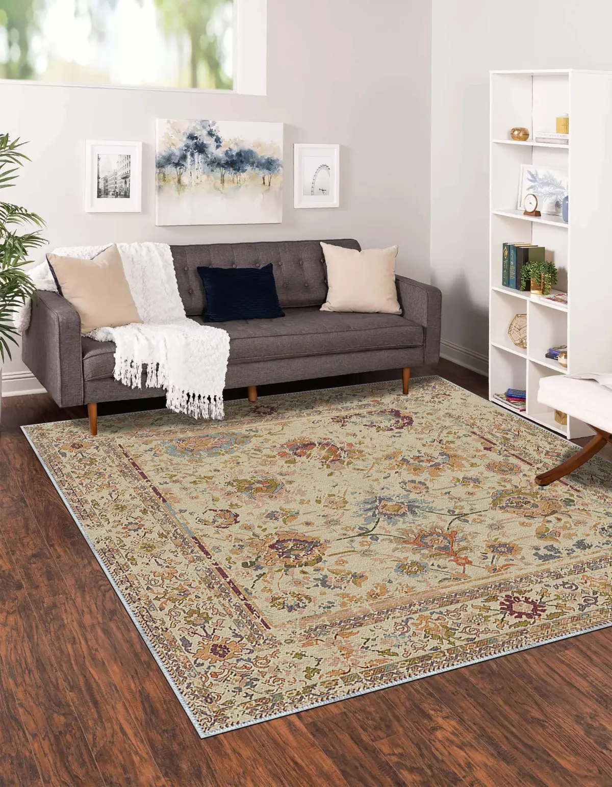 Guinar Çerçeveli Bej Polyester ve Pamuklu Yıkanabilir Kaydırmaz Taban Dijital Baskı Halı - Görsel 6