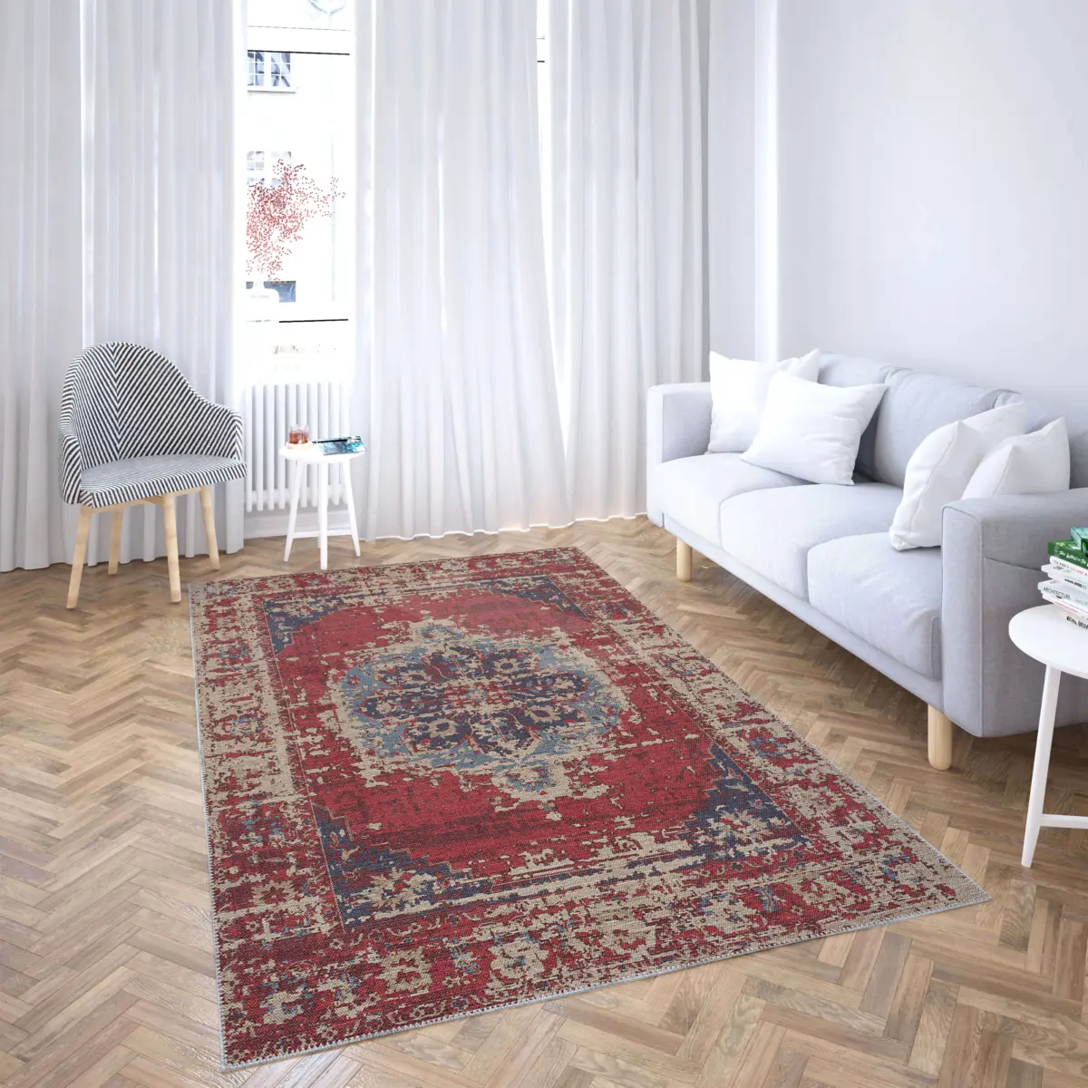 Vella Göbekli Kırmızı Polyester ve Pamuklu Yıkanabilir Kaydırmaz Taban Dijital Baskı Halı - Görsel 2