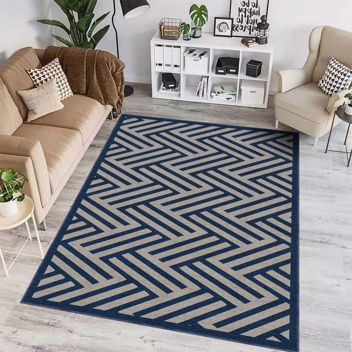 Clota Modern Lacivert Polyester ve Pamuklu Yıkanabilir Kaydırmaz Taban Dijital Baskı Halı - Görsel 2