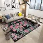 Chambe Çiçekli Siyah Polyester ve Pamuklu Yıkanabilir Kaydırmaz Taban Dijital Baskı Halı - Görsel 2