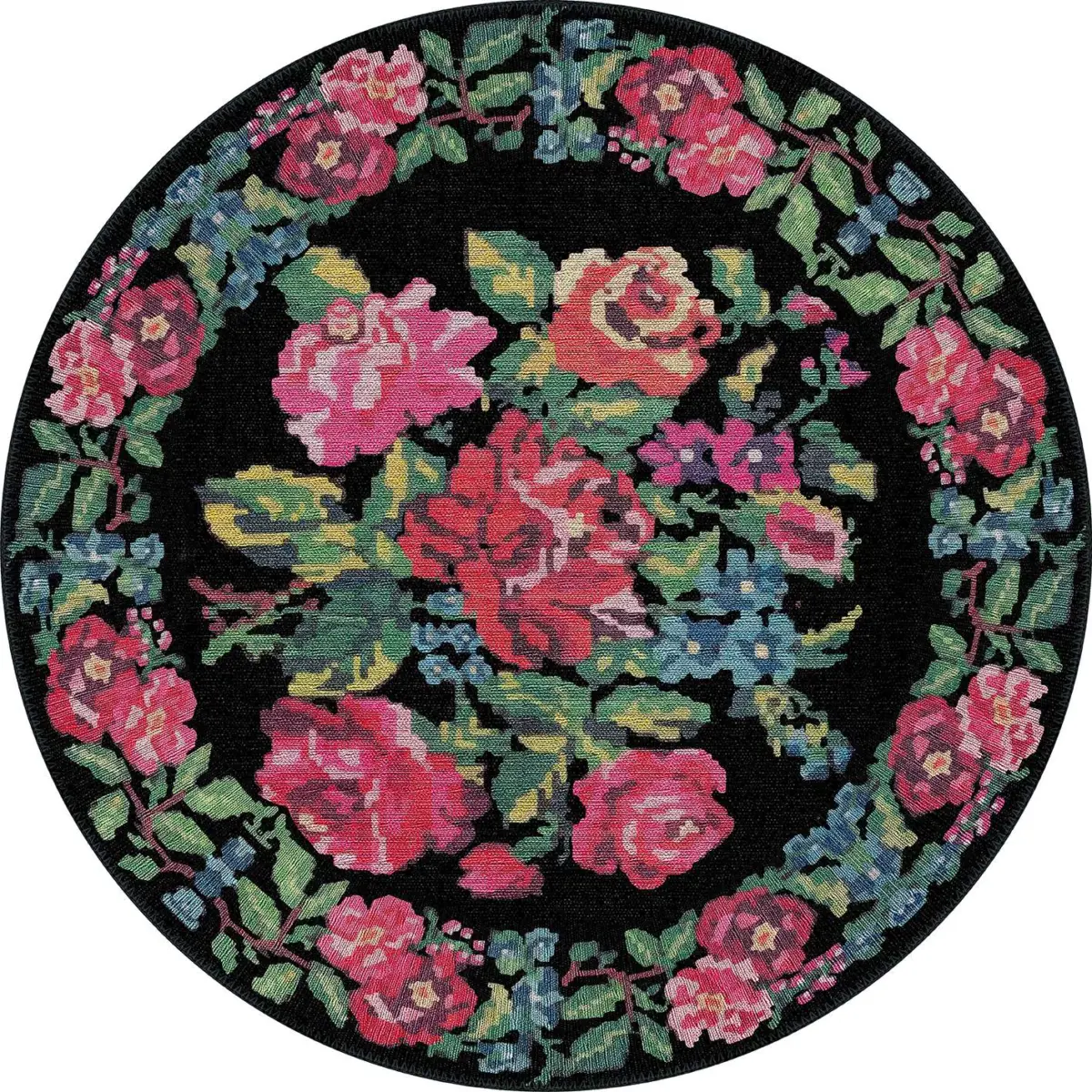 Chambe Çiçekli Siyah Polyester ve Pamuklu Yıkanabilir Kaydırmaz Taban Dijital Baskı Halı - Görsel 7