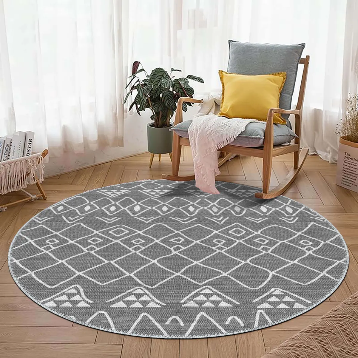 Lesse Geometrik Gri Polyester ve Pamuklu Yıkanabilir Kaydırmaz Taban Dijital Baskı Halı - Görsel 8