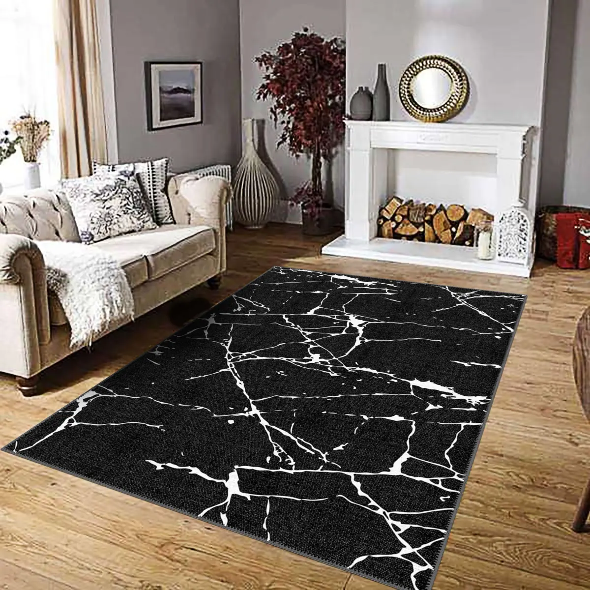 Torre Modern Siyah Polyester ve Pamuklu Yıkanabilir Kaydırmaz Taban Dijital Baskı Halı - Görsel 2