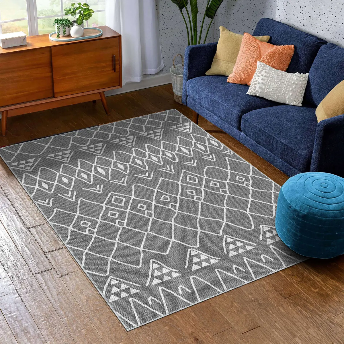 Lesse Geometrik Gri Polyester ve Pamuklu Yıkanabilir Kaydırmaz Taban Dijital Baskı Halı - Görsel 2