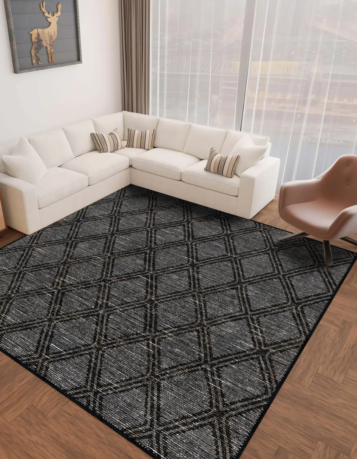 Alcaraz Geometrik Antrasit Polyester ve Pamuklu Yıkanabilir Kaydırmaz Taban Dijital Baskı Halı - Görsel 6