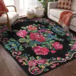 Chambe Çiçekli Siyah Polyester ve Pamuklu Yıkanabilir Kaydırmaz Taban Dijital Baskı Halı - Görsel 6