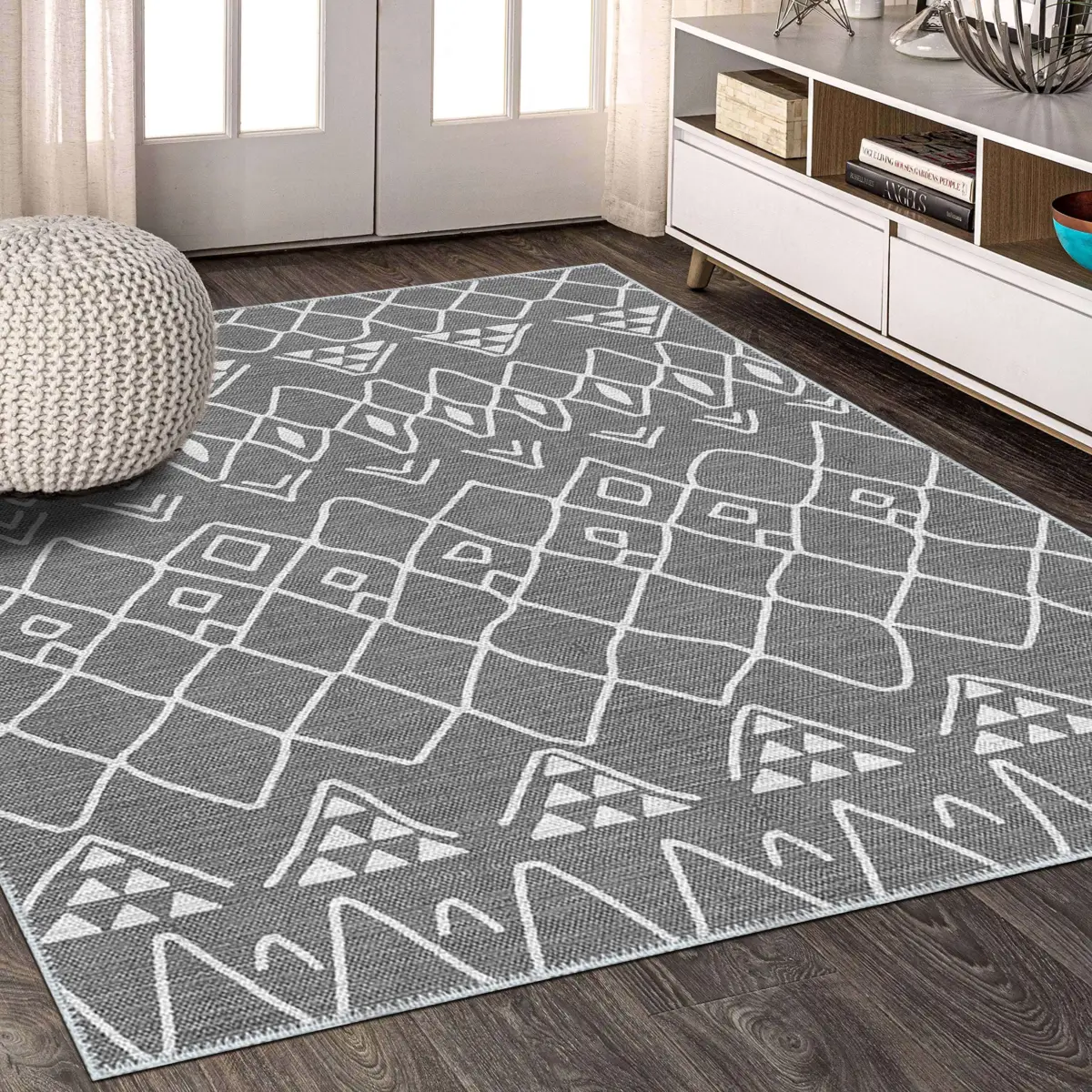 Lesse Geometrik Gri Polyester ve Pamuklu Yıkanabilir Kaydırmaz Taban Dijital Baskı Halı - Görsel 6