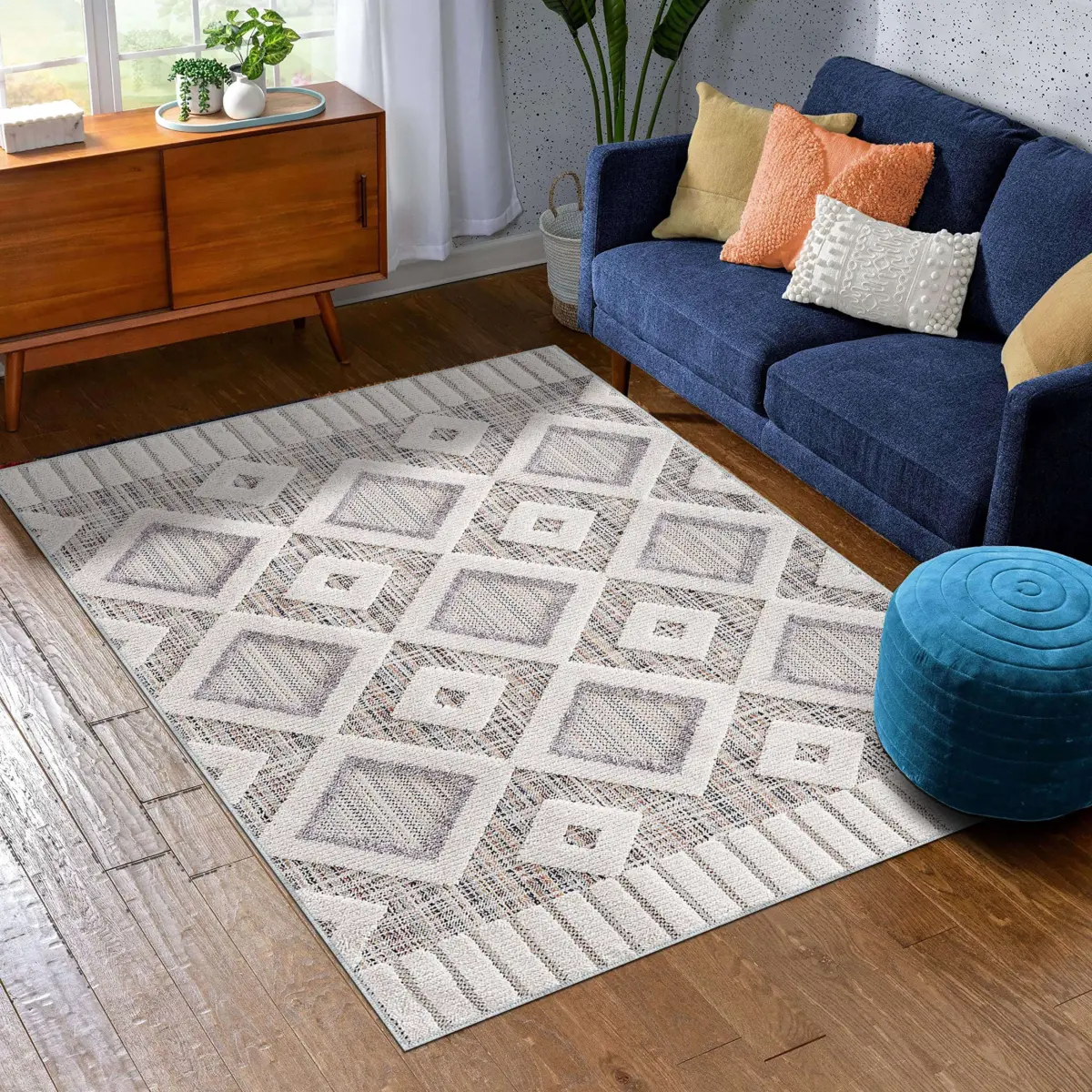 Venezia Geometrik Beyaz Polyester ve Pamuklu Yıkanabilir Kaydırmaz Taban Dijital Baskı Halı - Görsel 2