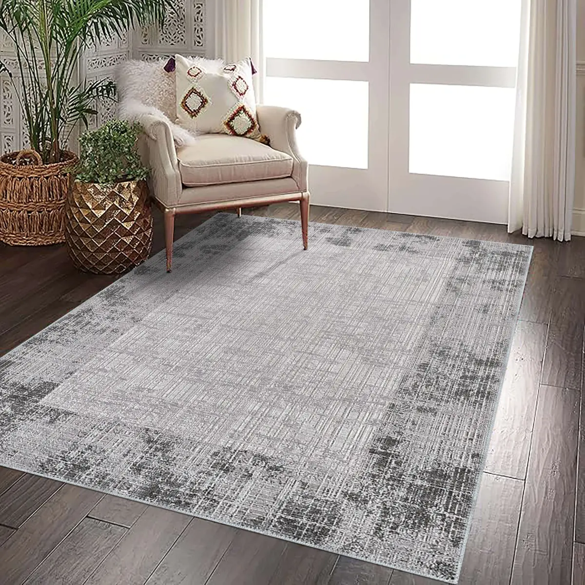 Badal Çerçeveli Gri Polyester ve Pamuklu Yıkanabilir Kaydırmaz Taban Dijital Baskı Halı - Görsel 2