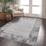 Badal Çerçeveli Gri Polyester ve Pamuklu Yıkanabilir Kaydırmaz Taban Dijital Baskı Halı - Görsel 2