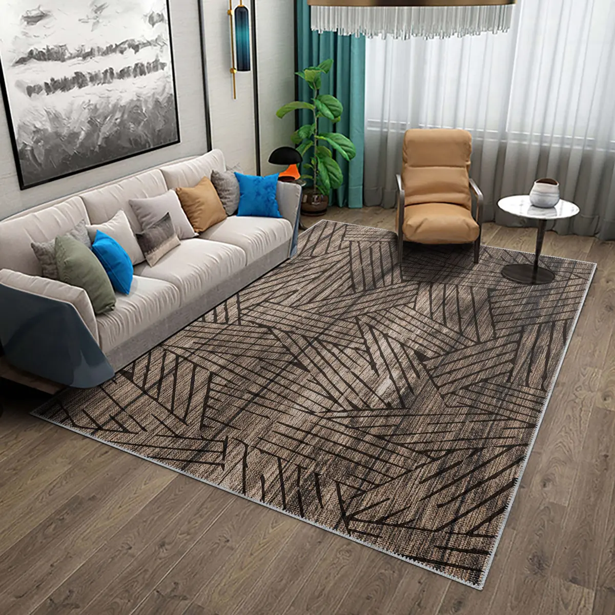 Prat Modern Gold Polyester ve Pamuklu Yıkanabilir Kaydırmaz Taban Dijital Baskı Halı - Görsel 2