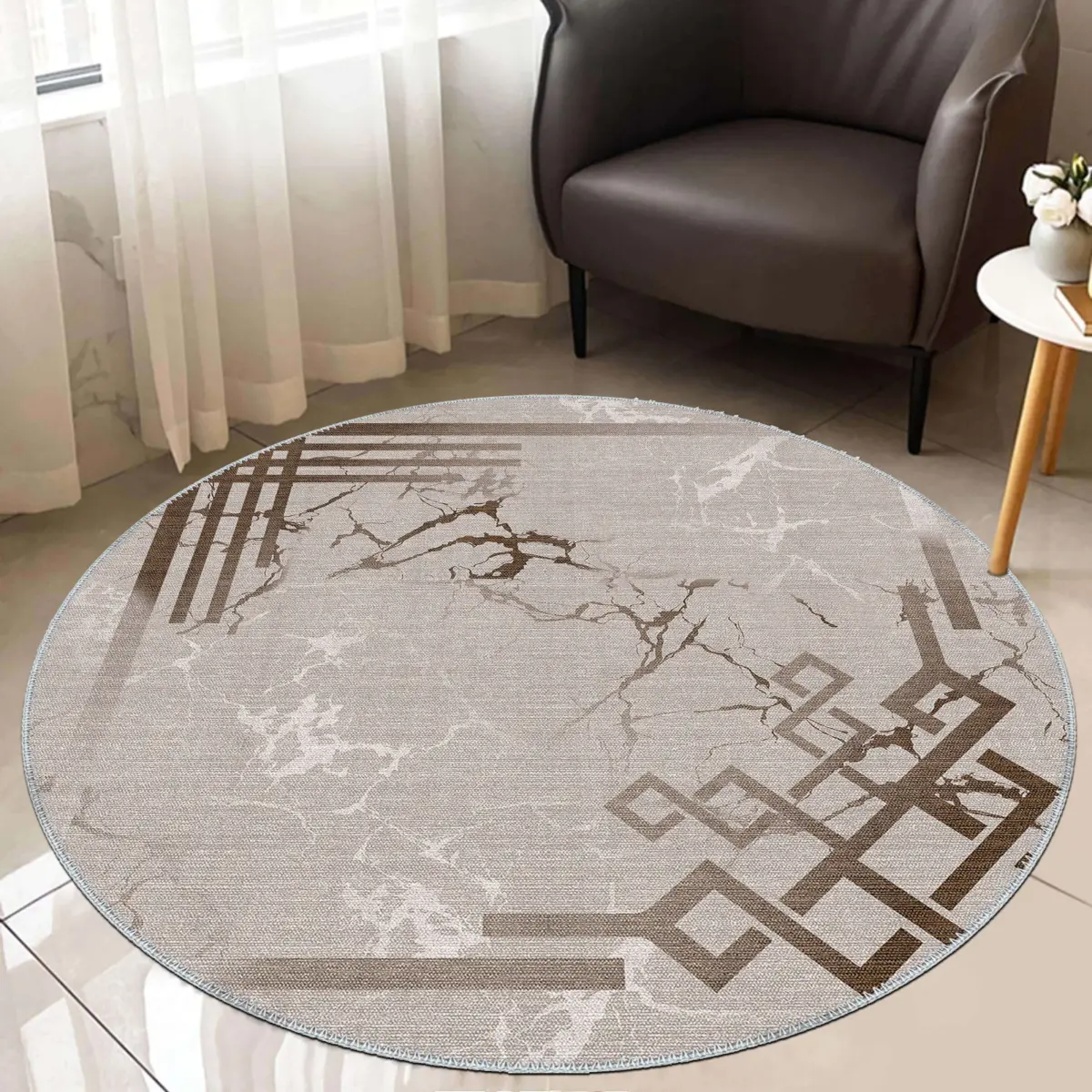 Masana Modern Bej Polyester ve Pamuklu Yıkanabilir Kaydırmaz Taban Dijital Baskı Halı - Görsel 8