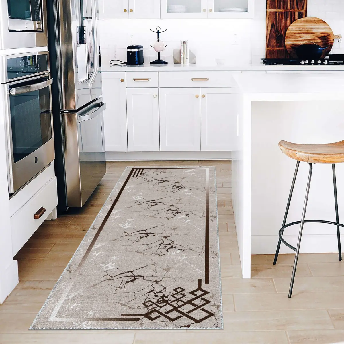 Masana Modern Bej Polyester ve Pamuklu Yıkanabilir Kaydırmaz Taban Dijital Baskı Halı - Görsel 4