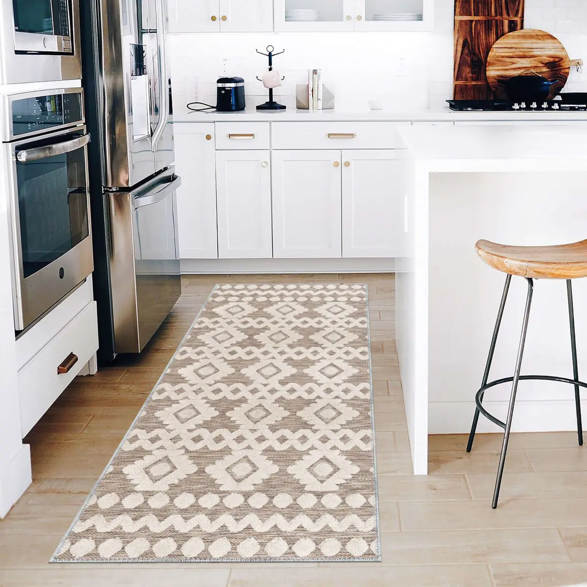 Lincoln Geometrik Bej Polyesterve Pamuklu Yıkanabilir Kaydırmaz Taban Dijital Baskı Halı - Görsel 4