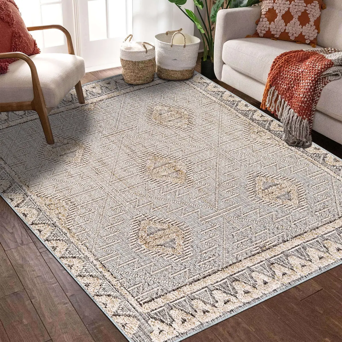 Brera Çerçeveli Bej Polyester ve Pamuklu Yıkanabilir Kaydırmaz Taban Dijital Baskı Halı - Görsel 6