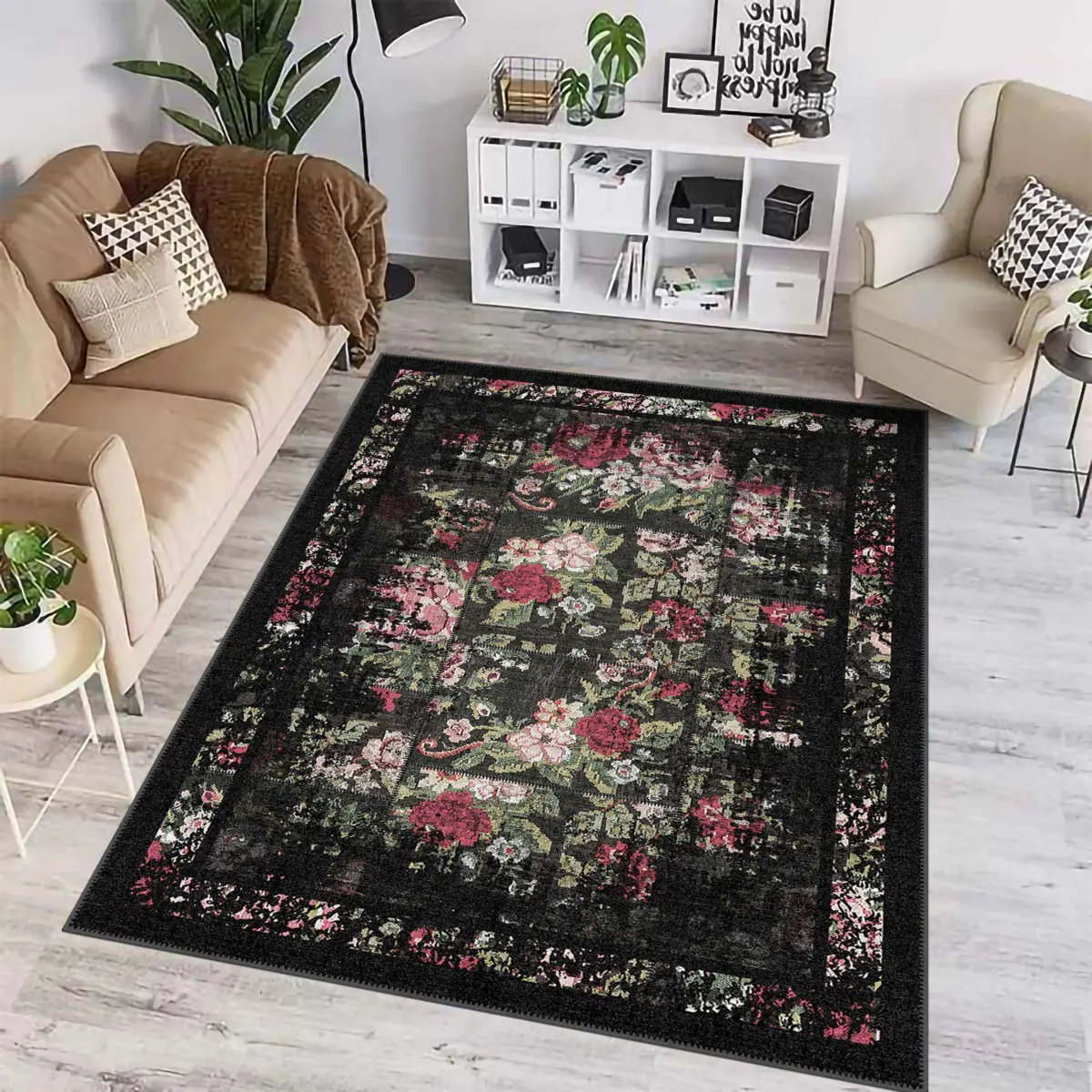 Born Desenli Siyah Polyester ve Pamuklu Yıkanabilir Kaydırmaz Taban Dijital Baskı Halısı - Görsel 2