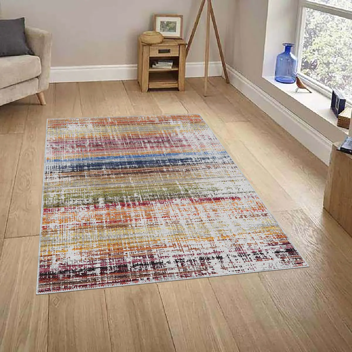 Poble Çizgili Multi Polyester ve Pamuklu Yıkanabilir Kaydırmaz Taban Dijital Baskı Halı - Görsel 2