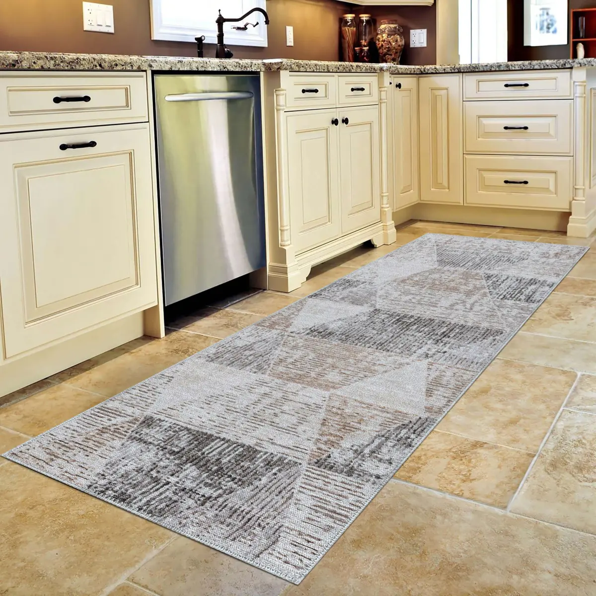 Moysi Geometrik Krem Polyester ve Pamuklu Yıkanabilir Kaydırmaz Taban Dijital Baskı Halı - Görsel 4