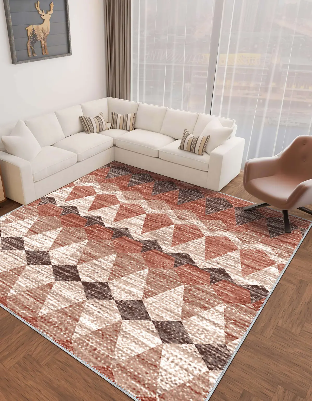 Della Geometrik Turuncu Polyester ve Pamuklu Yıkanabilir Kaydırmaz Taban Dijital Baskı Halı - Görsel 6