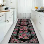 Chambe Çiçekli Siyah Polyester ve Pamuklu Yıkanabilir Kaydırmaz Taban Dijital Baskı Halı - Görsel 4