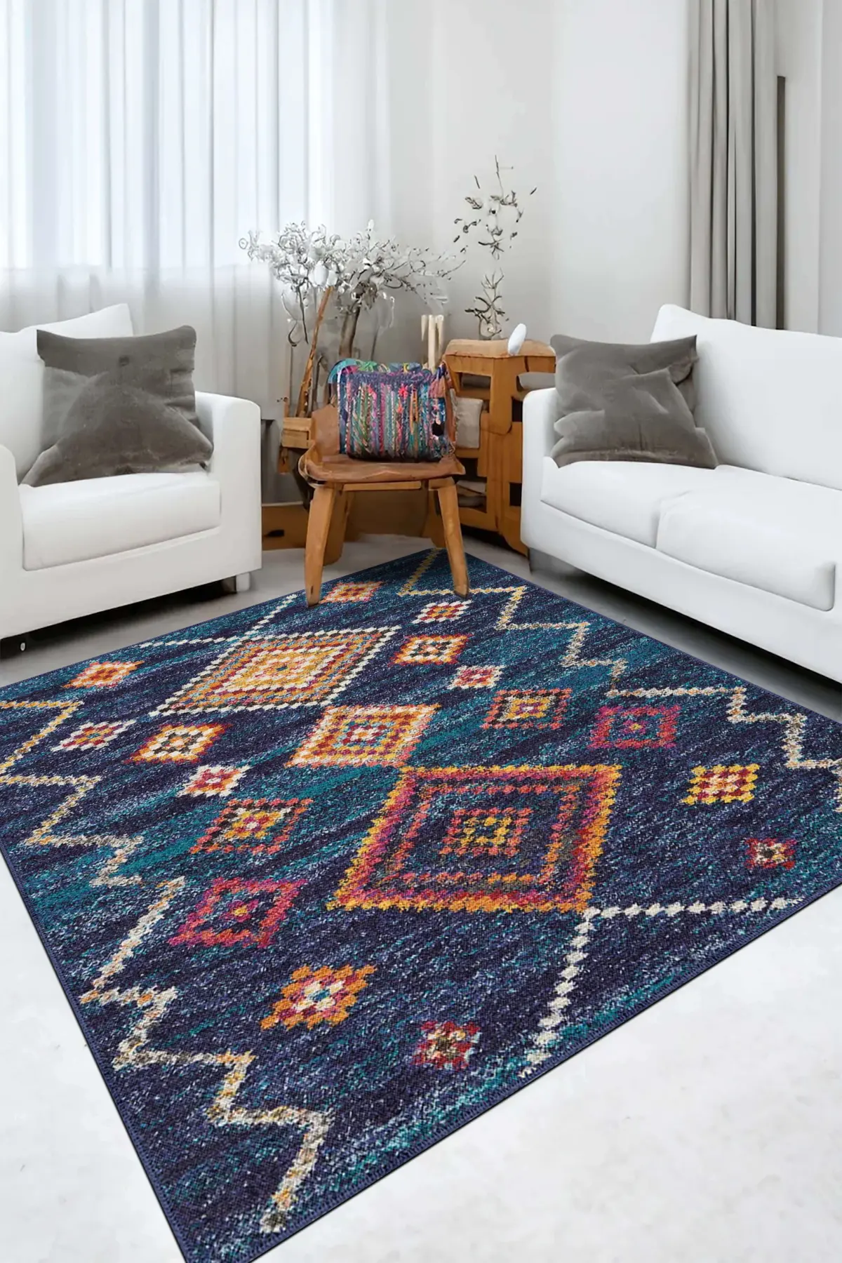 Cenova Geometrik Lacivert Polyester ve Pamuklu Yıkanabilir Kaydırmaz Taban Dijital Baskı Halı - Görsel 6