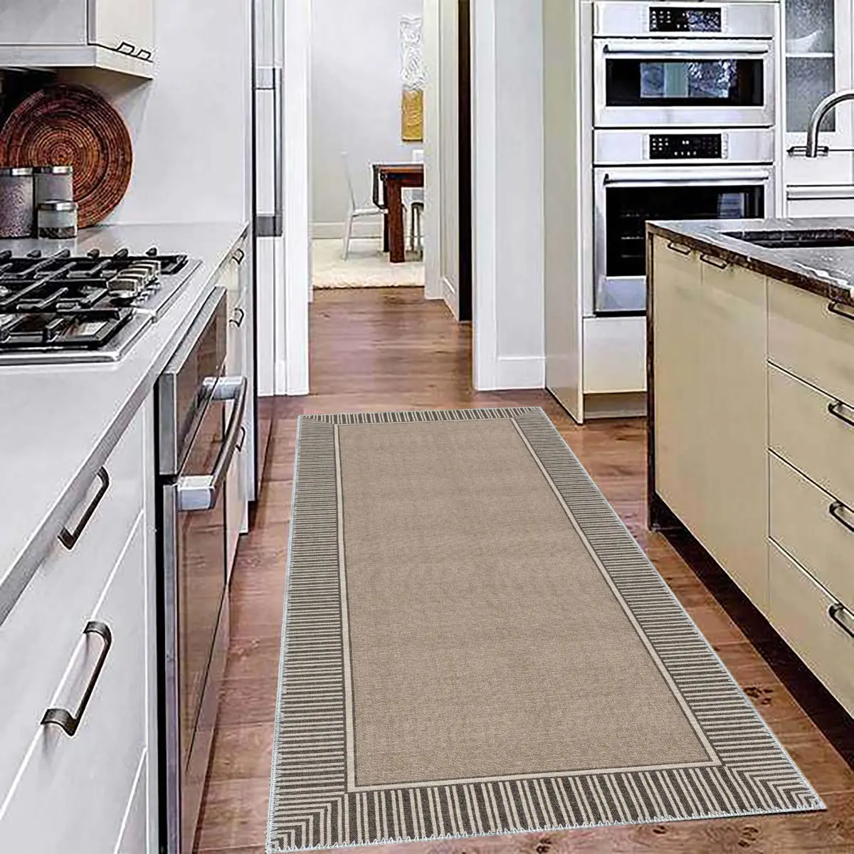 Salvon Çerçeveli Krem Polyester ve Pamuklu Yıkanabilir Kaydırmaz Taban Dijital Baskı Halı - Görsel 4