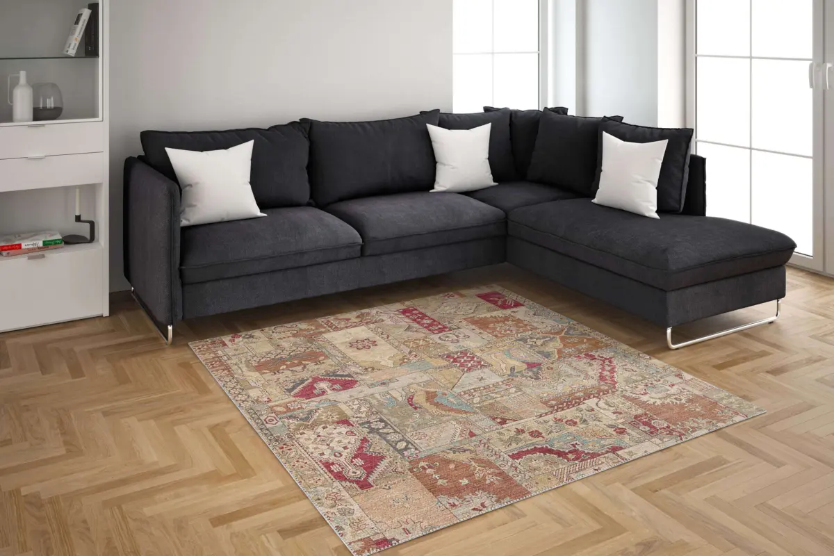 Salamanca Patchwork Bej Polyester ve Pamuklu Yıkanabilir Kaydırmaz Taban Dijital Baskı Halı - Görsel 6