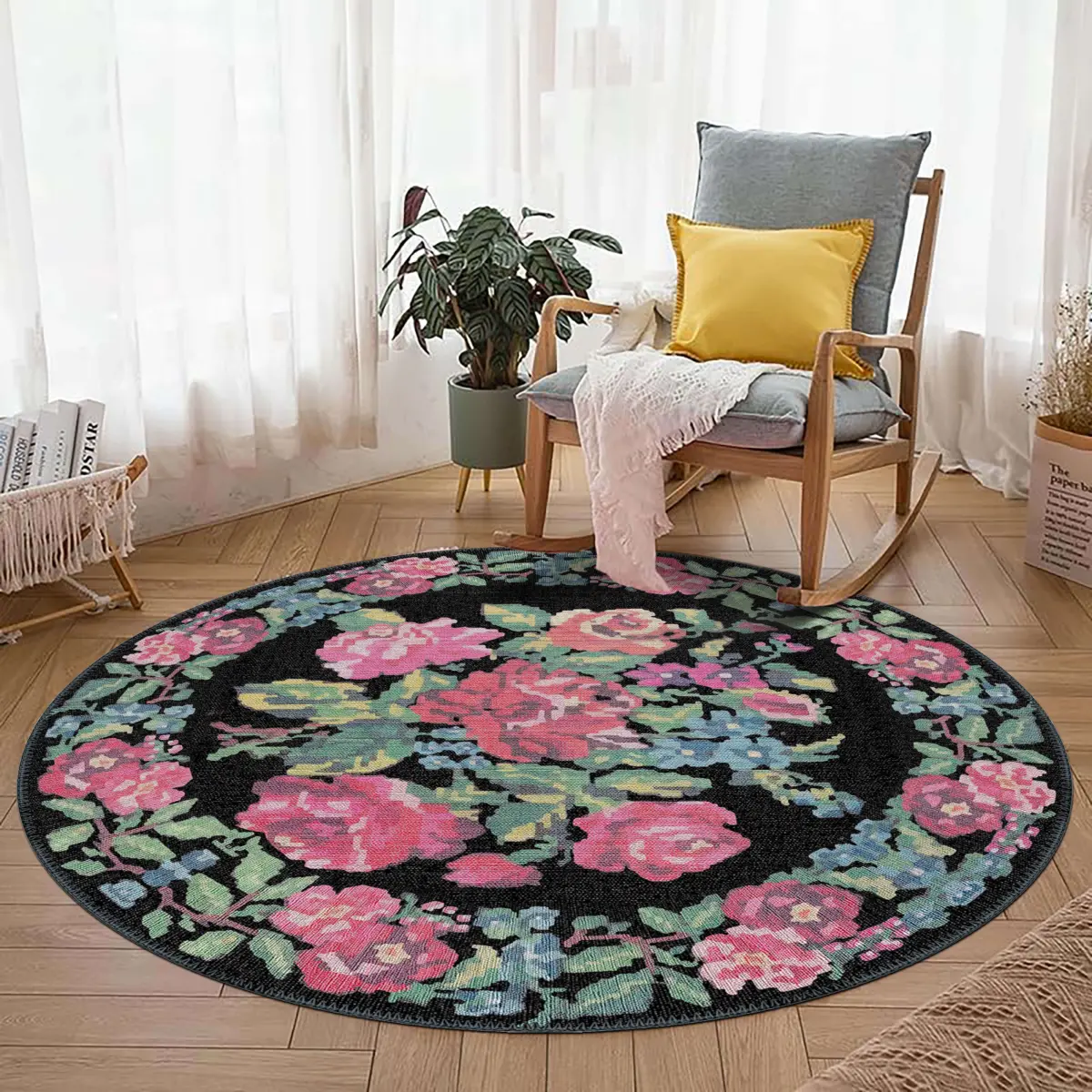 Chambe Çiçekli Siyah Polyester ve Pamuklu Yıkanabilir Kaydırmaz Taban Dijital Baskı Halı - Görsel 8