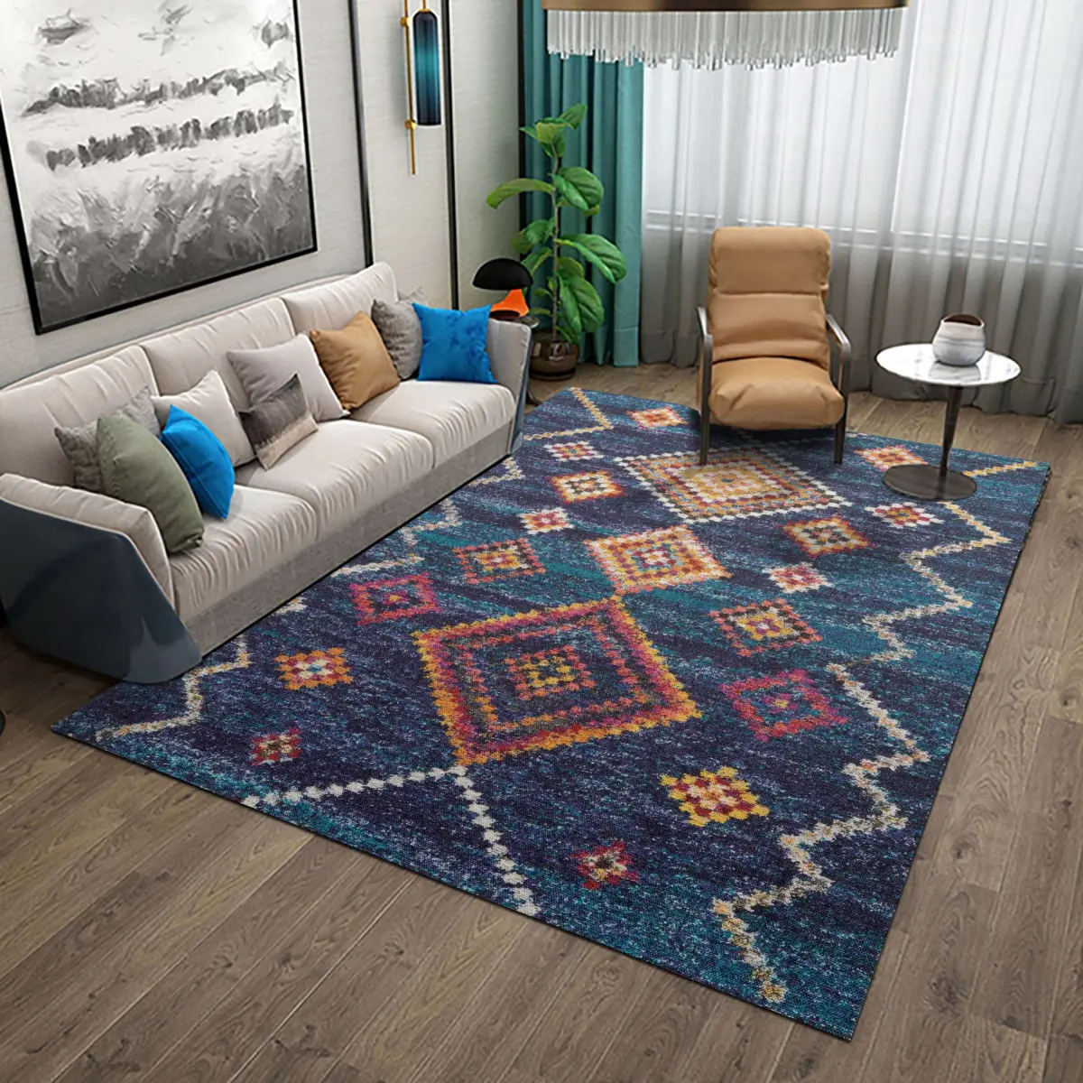 Cenova Geometrik Lacivert Polyester ve Pamuklu Yıkanabilir Kaydırmaz Taban Dijital Baskı Halı - Görsel 2