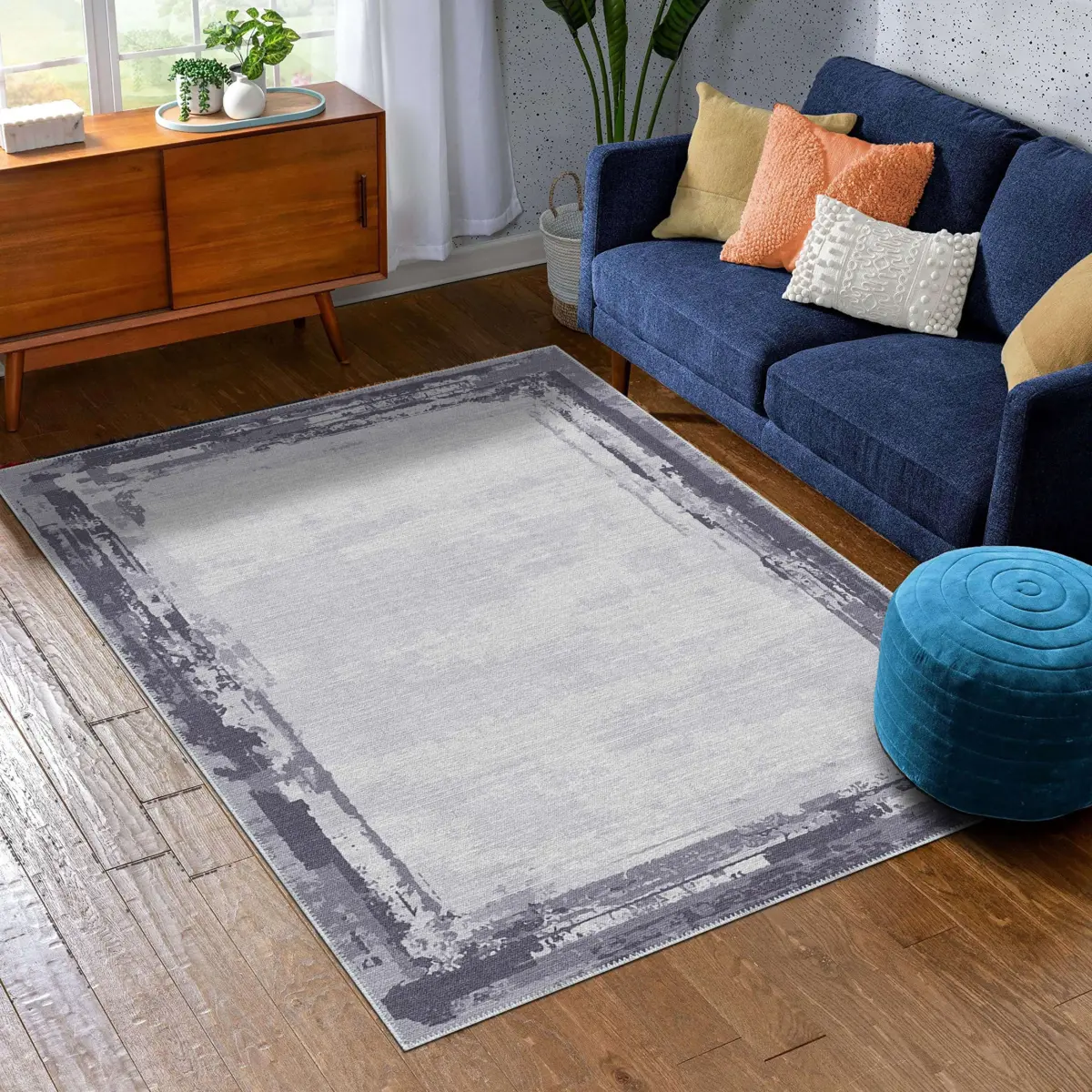 Las Çerçeveli Gri Polyester ve Pamuklu Yıkanabilir Kaydırmaz Taban Dijital Baskı Halı - Görsel 2