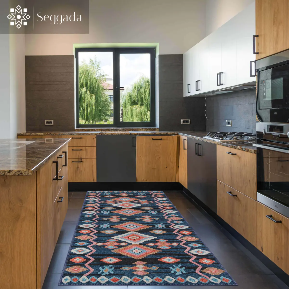 Borgo Geometrik Lacivert Polyester ve Pamuklu Yıkanabilir Kaydırmaz Taban Dijital Baskı Halı - Görsel 4