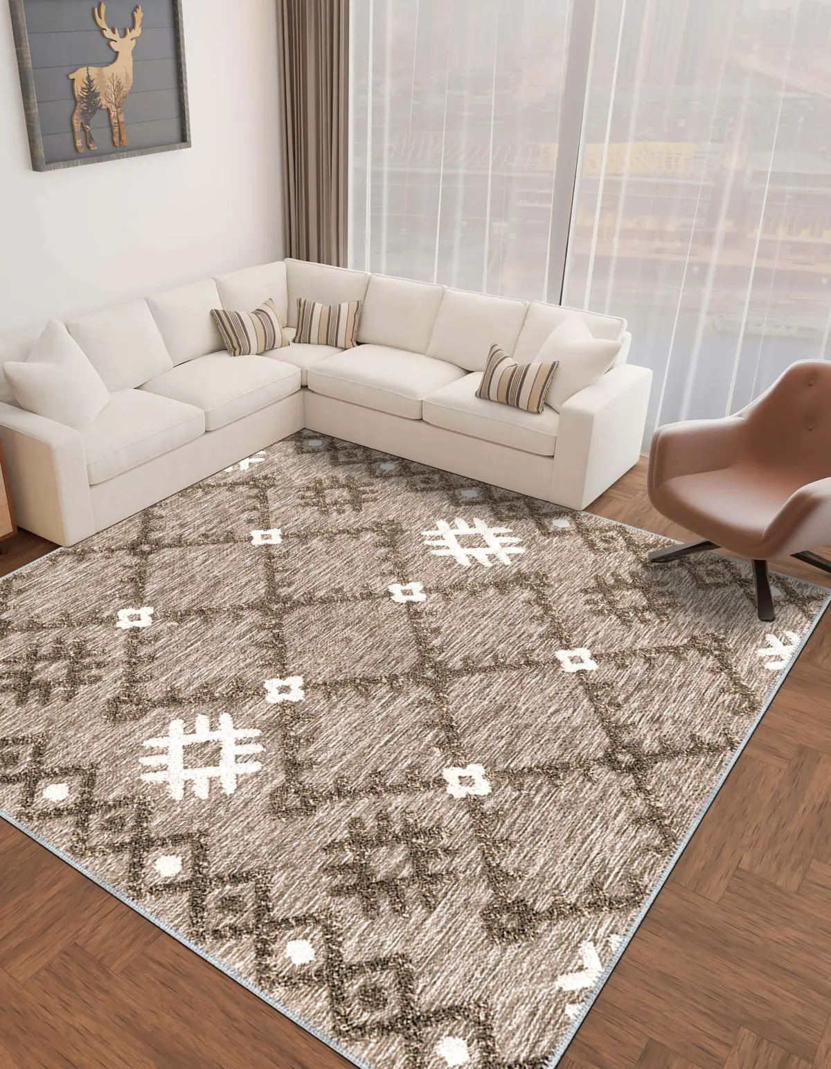 Rione Geometrik Kahve Polyester ve Pamuklu Yıkanabilir Kaydırmaz Taban Dijital Baskı Halı - Görsel 6