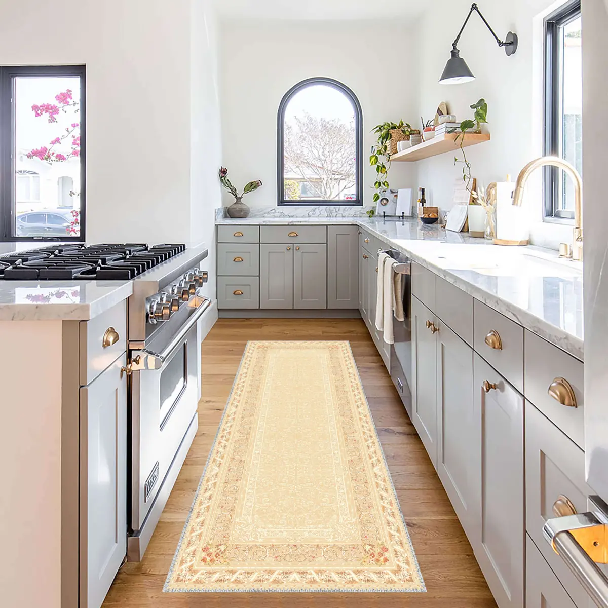 Ribera Çerçeveli Krem Polyester ve Pamuklu Yıkanabilir Kaydırmaz Taban Dijital Baskı Halı - Görsel 4