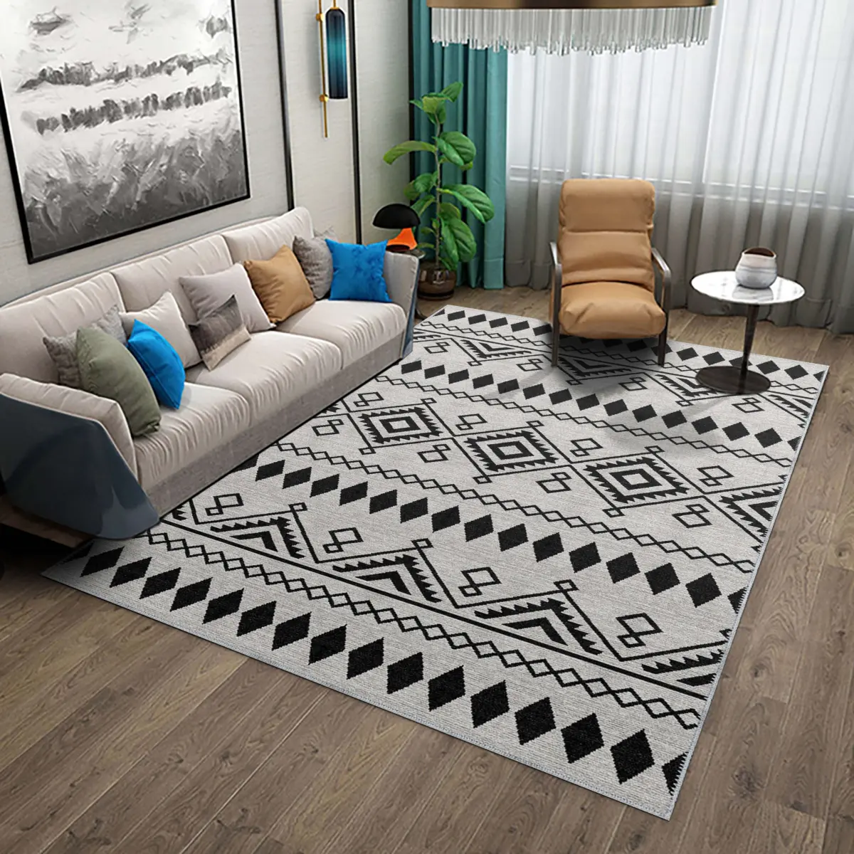 Corso Geometrik Beyaz Polyester ve Pamuklu Yıkanabilir Kaydırmaz Taban Dijital Baskı Halı - Görsel 2