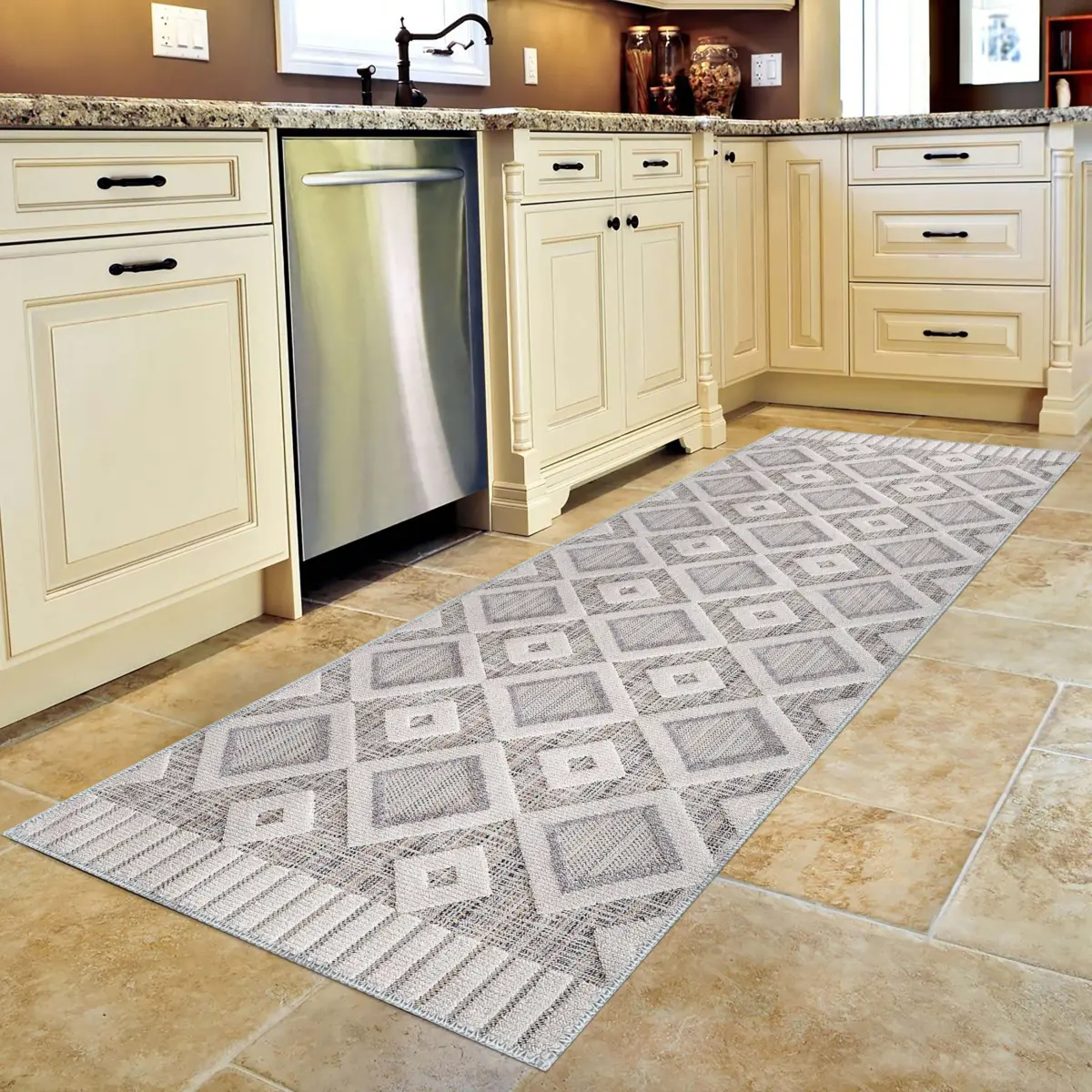 Venezia Geometrik Beyaz Polyester ve Pamuklu Yıkanabilir Kaydırmaz Taban Dijital Baskı Halı - Görsel 4