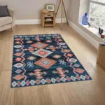 Borgo Geometrik Lacivert Polyester ve Pamuklu Yıkanabilir Kaydırmaz Taban Dijital Baskı Halı - Görsel 2