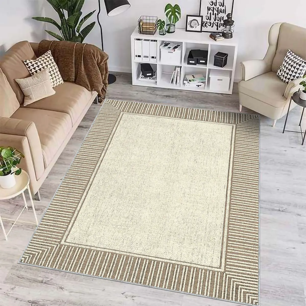 Arenal Çerçeveli Bej Polyester ve Pamuklu Yıkanabilir Kaydırmaz Taban Dijital Baskı Halı - Görsel 2