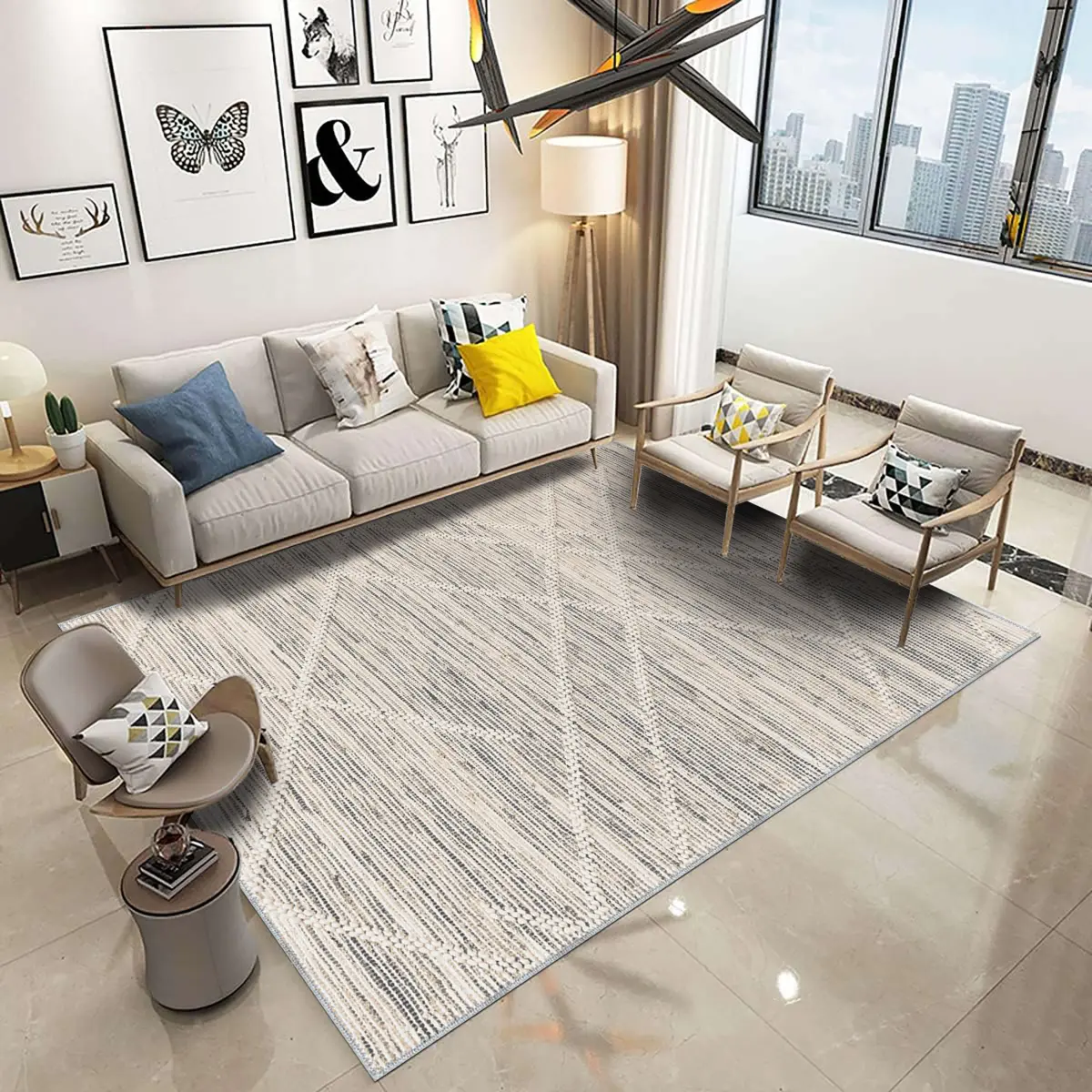 Navigli Geometrik Bej Polyester ve Pamuklu Yıkanabilir Kaydırmaz Taban Dijital Baskı Halı - Görsel 2