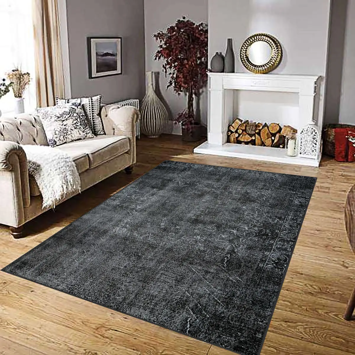 Barris Klasik Siyah Polyester ve Pamuklu Yıkanabilir Kaydırmaz Taban Dijital Baskı Halı - Görsel 2