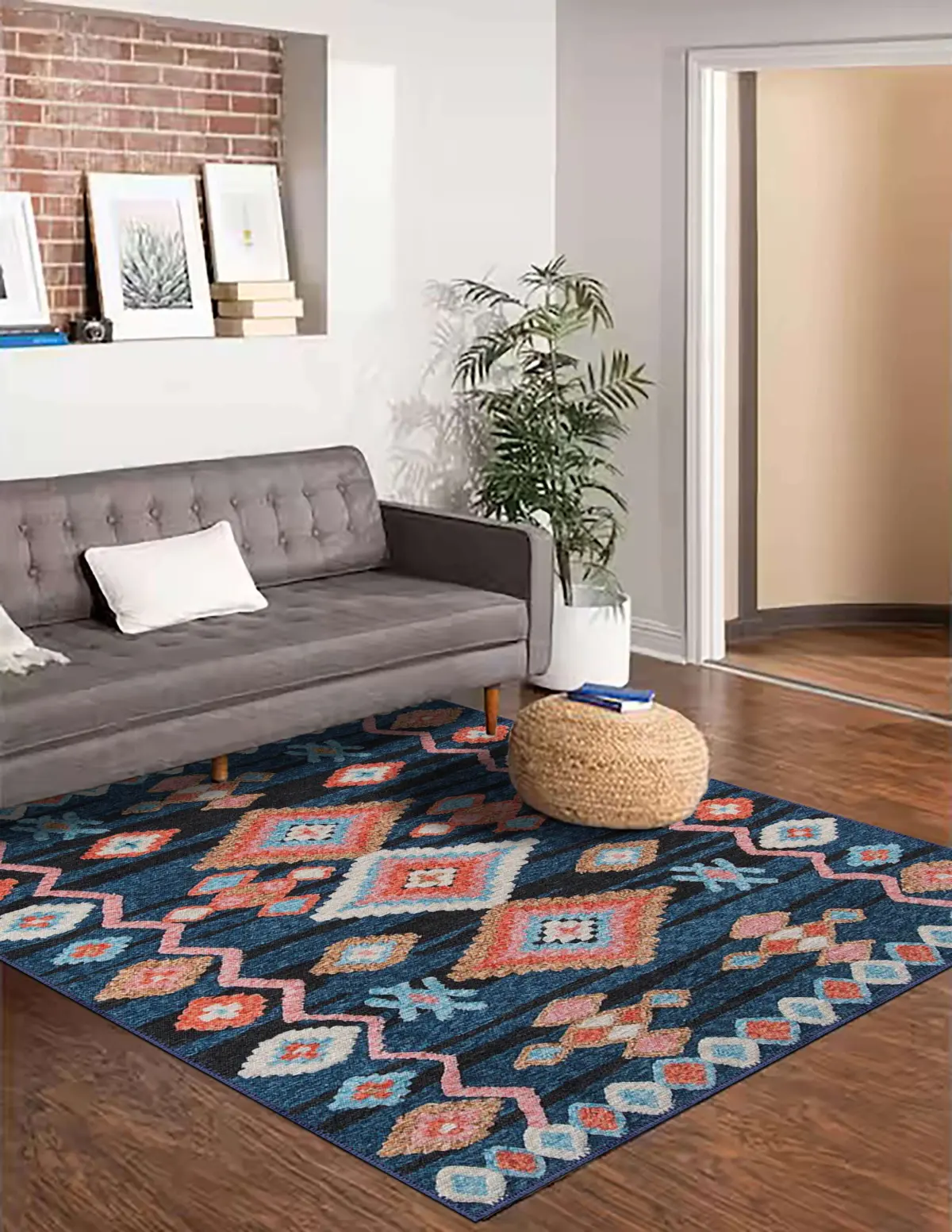 Borgo Geometrik Lacivert Polyester ve Pamuklu Yıkanabilir Kaydırmaz Taban Dijital Baskı Halı - Görsel 6