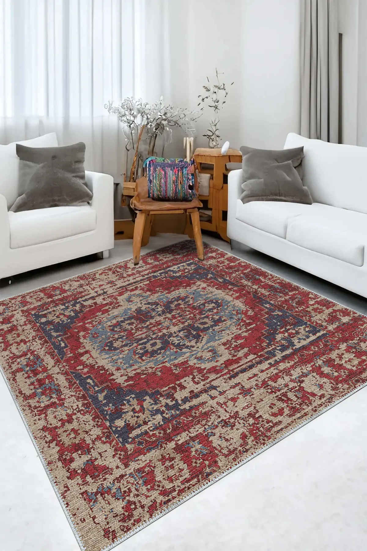 Vella Göbekli Kırmızı Polyester ve Pamuklu Yıkanabilir Kaydırmaz Taban Dijital Baskı Halı - Görsel 6