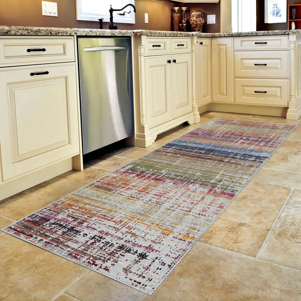 Poble Çizgili Multi Polyester ve Pamuklu Yıkanabilir Kaydırmaz Taban Dijital Baskı Halı - Görsel 4